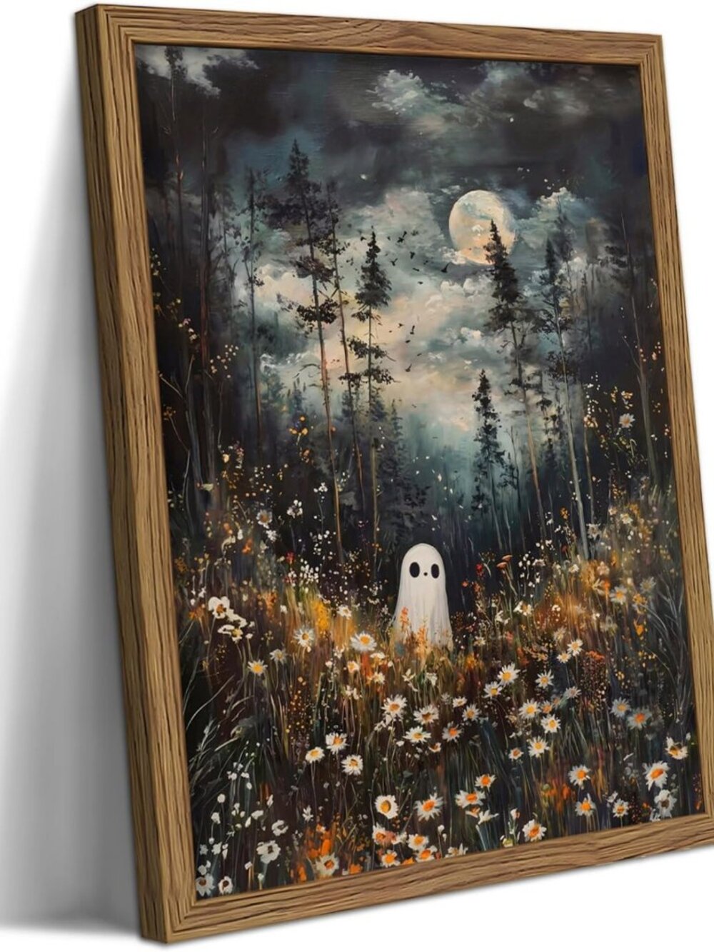 Gothic Halloween Ghost Wall Art | Whimsical Wildflowers Canvas Decor 16x24